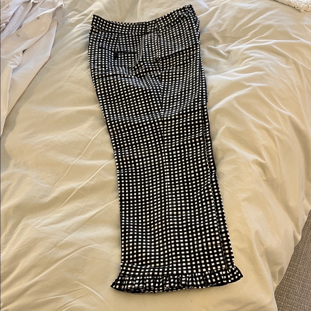 Michael Kors Black & White Checkered Ruffle-Hem Cropped Pants